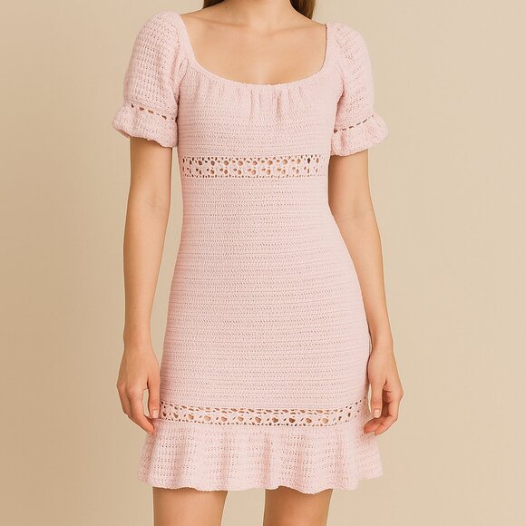 She Made Me Pink Crochet Puff Sleeve Mini Dress - Picture 1 of 10